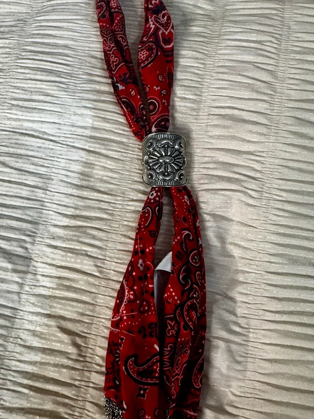 Sunday State Red Bandana Scarf Ring Accessory - With Silver Accent